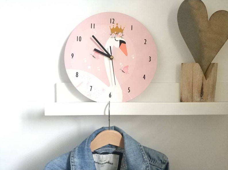 Swan wall Clock kid's Clock, Pink Nursery Clock swan wall clock, Swan gift idea, Swan wall clock Classic and Elegant nursery Bedroom decor image 2