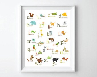 Nursery Decor, Spanish Nature Themed Alphabet- Spanish ABC  -  Baby Decor, Nursery ABC, Baby Gift, Nursery Prints, Neutral Wall Art
