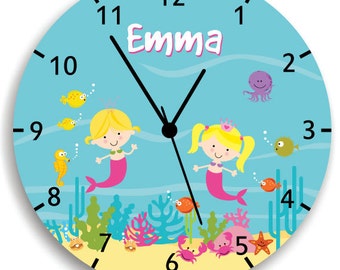 Personalisierte Meerjungfrauen Wanduhr, Kinderzimmer Deko, Meerjungfrau Kinderzimmer Wandkunst