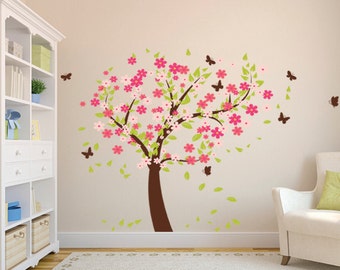 Flowers Tree Wall Decal with Butterflies, Nursery Vinyl Wall Decal Tree with Colorful Leaves, Children Room Tree Wall Sticker