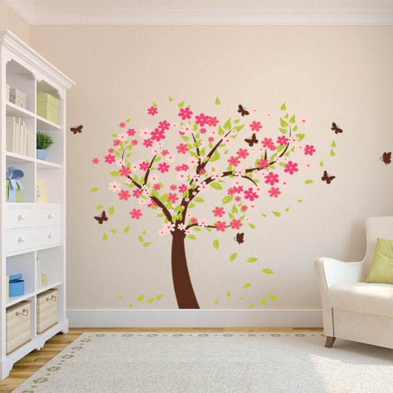 Flowers Tree Wall Decal With Butterflies Nursery Vinyl Wall Etsy