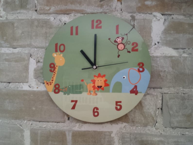Nursery Wall Art Jungle Animal Personalize WALL CLOCK for Boys Bedroom