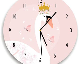 Swan wall Clock kid's Clock, Pink Nursery Clock swan wall clock, Swan gift idea, Swan wall clock Classic and Elegant nursery Bedroom decor