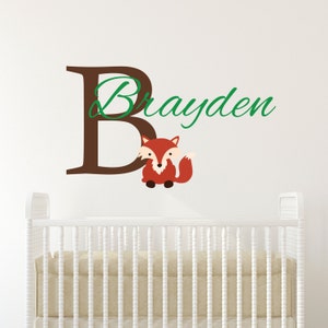 Personalizes Name Wall Decal, Fox Wall Sticker, Forest friends Baby Room Decor Fox Mural, Monogram Nursery Wall Decals