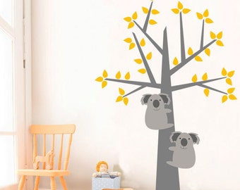 Décalcomanies murales pour enfants, autocollant mural jaune et gris, décor de la chambre bébé - Décalcomanies murales koala tree