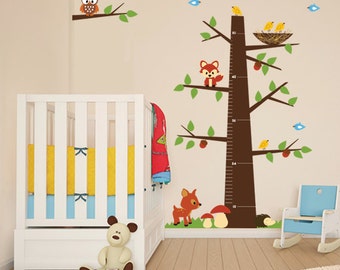 Woodland Animals Wall Decal, Forest Animal Friends GROWTH CHART Tree, Owl Birds Nursery Vinyl Wall Decal, Sticker Children Wall Decal