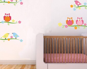 Owls Wall Decals for Girls, Birds and Owls Nursery Vinyl Decal, Nature Wall Art for Girls Bedroom,