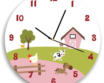 Girl Farm Animal Nursery Wall Clock, Bedroom Clock, Nursery Wall Hanging with cats