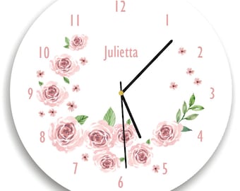 Pink Floral Wall clock, Floral Nursery Room Decor, Pink peony,  Girls WALL CLOCK, Kids Wall Clock
