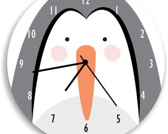 Pinguin Wall Clock , kids room decor, Pinguin wall art, Animal-face-clock, Black and white nursery