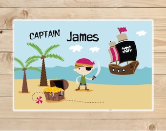 Kids-Personalized-Placemat---Pirate-Ship-and-Treasure-at-Sea-Laminated-Placemat-for-Boys