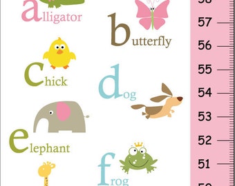 Personalized Alphabet Animals Growth Chart pink and green- Nursery wall art , Baby girl room decor