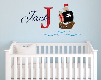 Personalized Pirates Ship Wall Decal for Boys, Pirate Name Nursery Monogram Vinyl Wall Decals, Vinyl Lettering Boys Bedroom Wall Decor