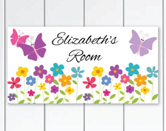 Girls Bedroom Door Sign Plaque Garden Party Colorful Butterflies and Flowers DOOR SIGN Wall Art Decor