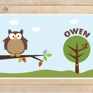 Personalized Kids Placemat Cute Owl on Tree, Children Owl Placemat, Laminated Placemat. image 1