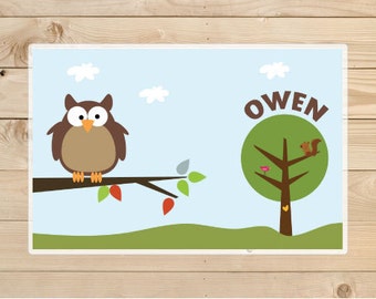 Personalized Kids Placemat Cute Owl on Tree, Children Owl Placemat, Laminated Placemat.