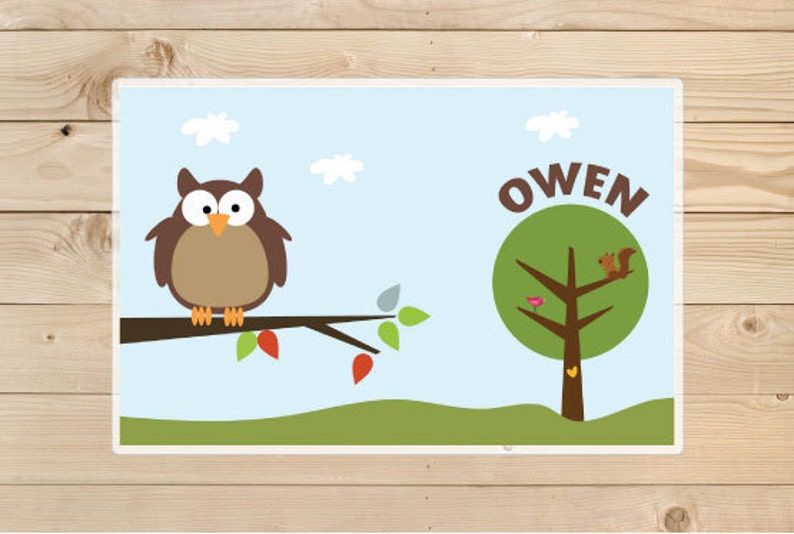 Personalized Kids Placemat Cute Owl on Tree, Children Owl Placemat, Laminated Placemat. image 1