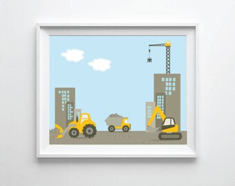 Nursery Wall Art, Nursery Prints, Nursery Construction Trucks Art, Boy Prints, Construction, Yellow and gray Nursery Baby Wall Art