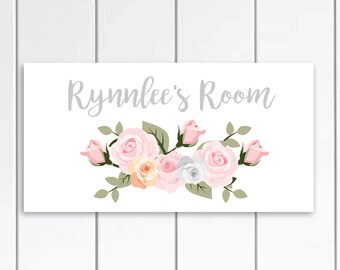 Pink and Grey Floral DOOR SIGN - Personalized Floral Door Sign - Floral Bedroom for girls - Bouquet Watercolor Nursery Decor.