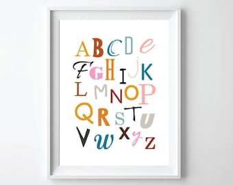 Rainbow Alphabet Poster, ABC Poster, Prints, Mustard Nursery Decor, Nursery Wall Art, Kids Room Decor, Pink Mustard and Blue Alphabet 11*14