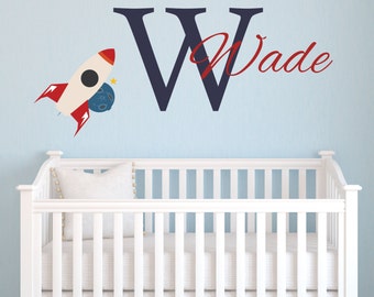 Spaceship Decal for Boys, Personalized Space love Children Monogram, Removable Wall Sticker with Name Vinyl Lettering for Kids