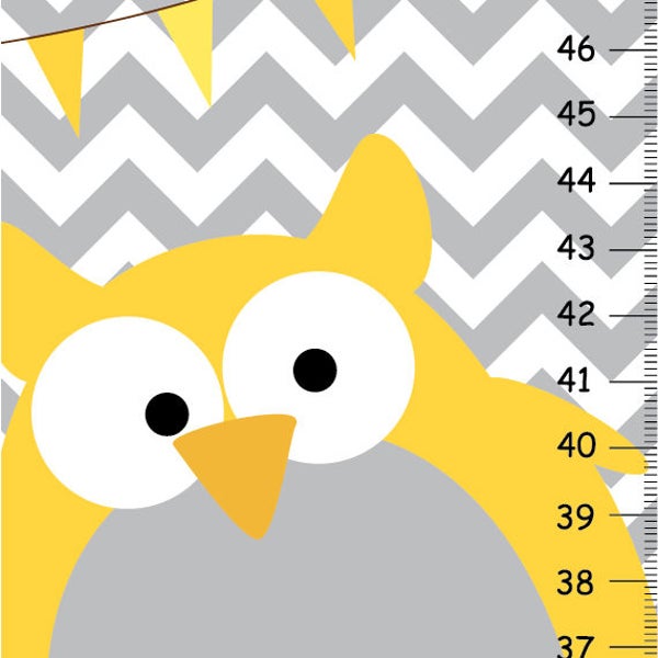 Personalized Growth chart Yellow and Gray Chevron and Polka dots, Personalized Owls Canvas Growth Chart, Owls Nursery Wall Art