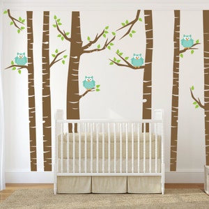 Brown Birch Tree Forest Wall Decal and Owls, Birch Tree Vinyl Murals Kids Bedroom Wall Decor, Birch Grove Nursery Wall Art,