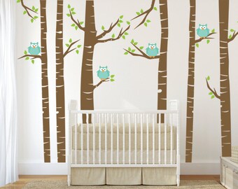 Brown Birch Tree Forest Wall Decal and Owls, Birch Tree Vinyl Murals Kids Bedroom Wall Decor, Birch Grove Nursery Wall Art,