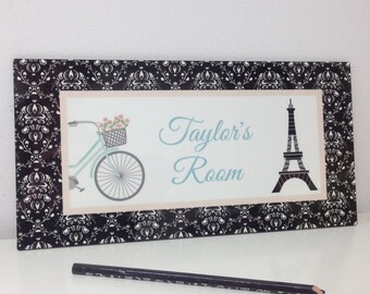 Spring SALE Eiffel Tower in black and white damask pattern door sign paris-bedroom-decor-Eiffel-Tower-damask-pattern door-sign-Personalized