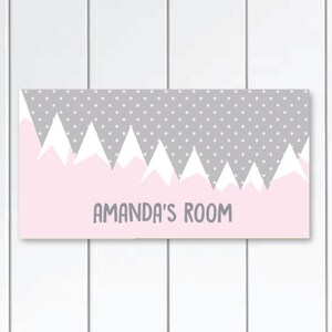 Mountains in grey and pink nursery -Mountains bedroom decor pattern personalized door sign