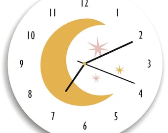 Moon and Stars Kids Wall Clock, Minimalist Nursery, Moon and stars Nursery Room Decor, Moon and Stars Clock Design