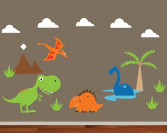 Dinosaurs Wall Decal, T-rex, Pterodactyl, Stegosaurus, Apatosaurus, Volcanoes and Clouds,  Boys Wall Decal, Kids Wall sticker