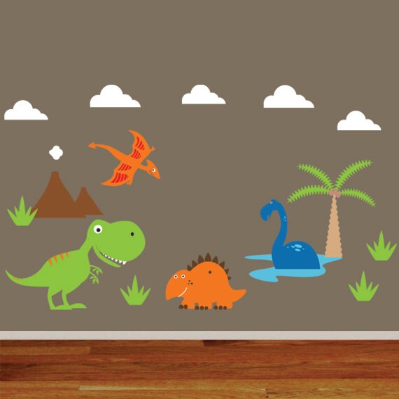 DINOSAUR VINYL WALL DECALS STICKERS BOYS BEDROOM 14 PC PTERODACTYL STEGOSAURUS