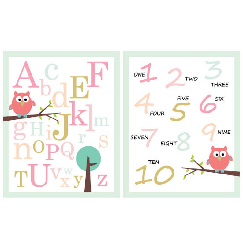 Set of Two ABC and Numbers Poster Print in Peach Mint and Gold- Owl on ...