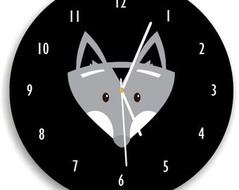Fox Clock  -  Woodland wall Clock, Child's Clock, Black and white Nursery Clock