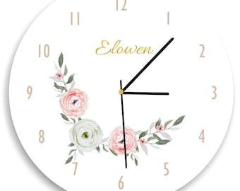 Pink and Beige Floral Wall clock, Floral Nursery Room Decor, Pink and white Roses, Girls WALL CLOCK, Kids Wall Clock