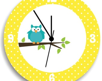 Owls on Tree Kids Wall Clock, Yellow and White Polka Dots Wall Clock, Yellow Nursery Room Decor