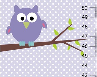 Canvas Growth Chart for Girls Bedroom - Personalized Gift lavender and purple Owl Sitting on Tree - Polka Dots Room Decor