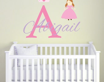 Personalizado princesa Wall Decal para chicas, tatuajes de pared de vinilo vivero monograma, vinilo rotulación chicas dormitorio decoración de la pared