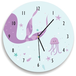 Mermaid tail Wall Clock, Children Room Decor Mermaid WALL CLOCK for Girls Bedroom, Mermaid Wall Clock,  purple and mint
