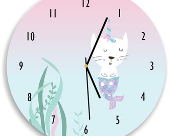 Mermaid cat Wall Clock, Children Room Decor Mermaid decor for Girls Bedroom, Mermaid Wall Clock,  pink and mint