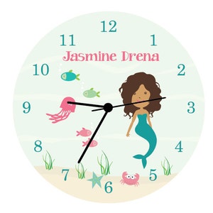 Mermaid curly haired girl - Kids Wall Clock, Children Room Decor Mermaid WALL CLOCK for Girls Bedroom