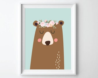 Woodland Animals Nursery Art Print- Bear Nursery Decor, New Baby Print, Mint, Bear Art Print, Baby Girl Nursery, printable bear