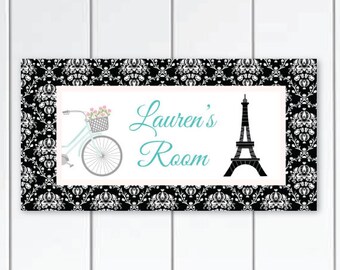 Torre Eiffel en blanco y negro damasco patrón de puerta signo paris-bedroom-décor-Eiffel-Tower-damask-patrón puerta-señal-Regalo personalizado