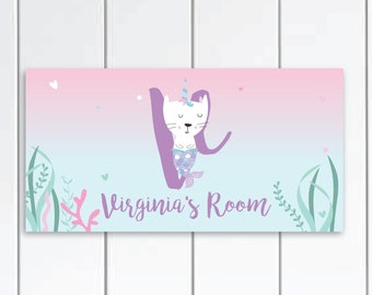 Personalized Mermaid Cat Door Sign - Mermaid Bedroom for girls ,Mermaid Nursery Decor. Mermaid Bedroom Decor, Mermaid Cat Decor.