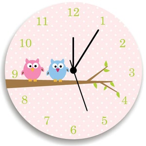Girls Bedroom Pink Wall Clock, Owls on Tree, Nursery Room Decor