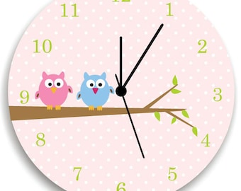 Girls Bedroom Pink Wall Clock, Owls on Tree, Nursery Room Decor