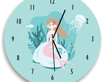 Mermaid Wall Clock, Sea Life, Children Room Decor Mermaid WALL CLOCK for Girls Bedroom, Kids Nursery Room, Teens Room, Baby Room