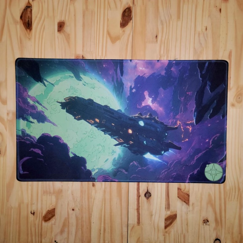 May include: A rectangular mousepad featuring a spaceship in a vibrant space scene with a large green planet and purple clouds. The design includes a dark blue spaceship with illuminated windows, set against a backdrop of cosmic elements.