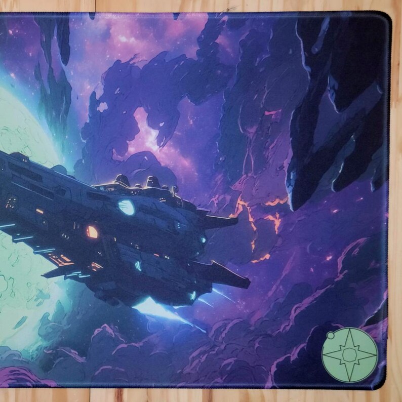 May include: A rectangular mousepad featuring a futuristic spaceship soaring through a vibrant nebula. The design showcases a detailed spacecraft with glowing lights against a backdrop of purple, blue, and orange cosmic elements. A green and white logo is in the bottom right corner.